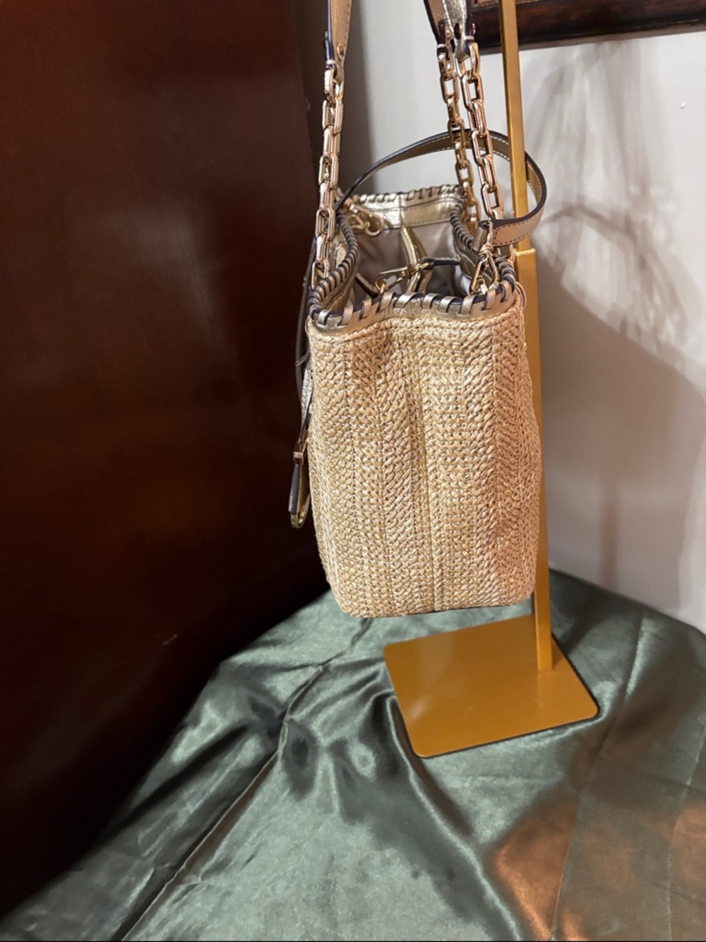 Michael Kors Rosalie Straw Tote with Gold Metallic Trim and Chain Handles - Picture 4 of 14
